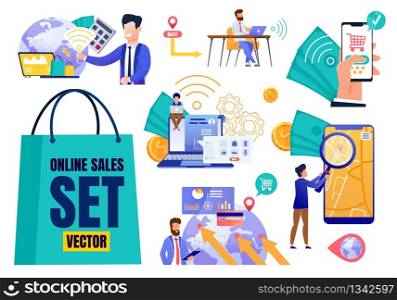 Online Sales Flat Set Vector. Cartoon People Characters Using Mobile Application and Computer Interface for Shopping, Buying, Trading. Global Marketing, E-Commerce. Internet Shop. Vector Illustration. Online Sales Flat Set Vector with Cartoon People