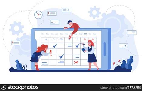 Online schedule. Cartoon business people organizing workflow and marking events in smartphone calendar application. Vector flat isolated time management and planning concept for mobile and web app. Online schedule. Cartoon business people organizing work and marking events in smartphone calendar application. Vector isolated time management concept for mobile and web app