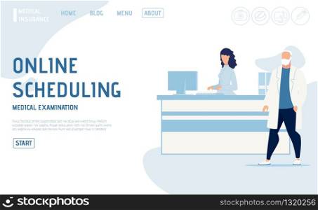 Online Scheduling Service for Appointment on Medical Examination. Flat Landing Page. Nurse Receptionist Checking Schedule on Computer for Male Doctor Standing near Reception Desk. Vector Illustration. Medical Examination Online Scheduling Landing Page
