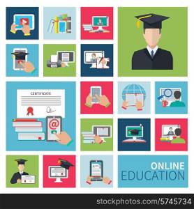 Online school and university distance education flat icons set isolated vector illustration