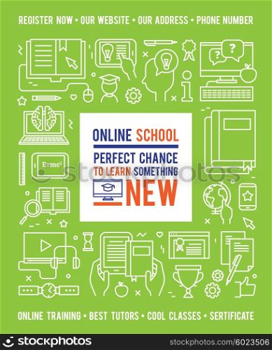 Online School Education Design Concept. Online school education design concept with caption in center and white line icons on green background flat vector illustration