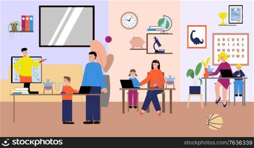Online school flat composition with set of home interiors and children with parents taking remote lessons vector illustration