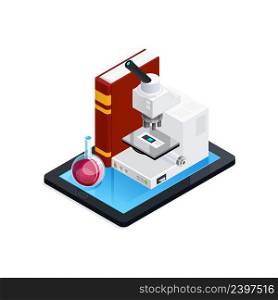 Online science isometric composition with book microscope and flask at mobile device on white background vector illustration. Online Science Isometric Composition