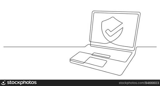 online security and data encryption-continuous line drawing of laptop with protected shield for secure internet and privacy information