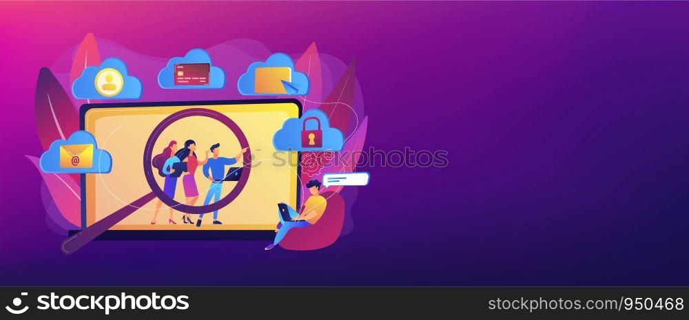 Online security breach, immoral private life offence. Digital ethics and privacy, digital mediums behavior, internet privacy violation concept. Header or footer banner template with copy space.. Digital ethics and privacy concept banner header
