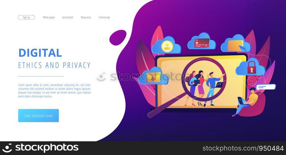 Online security breach, immoral private life offence. Digital ethics and privacy, digital mediums behavior, internet privacy violation concept. Website homepage landing web page template.. Digital ethics and privacy concept landing page