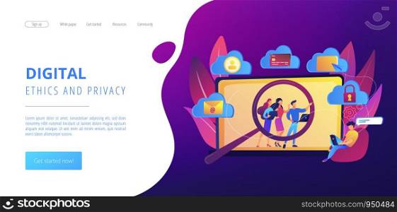 Online security breach, immoral private life offence. Digital ethics and privacy, digital mediums behavior, internet privacy violation concept. Website homepage landing web page template.. Digital ethics and privacy concept landing page