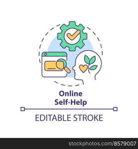 Online self-help concept icon. Addressing student mental health abstract idea thin line illustration. Online psychiatrist. Isolated outline drawing. Editable stroke. Arial, Myriad Pro-Bold fonts used. Online self-help concept icon