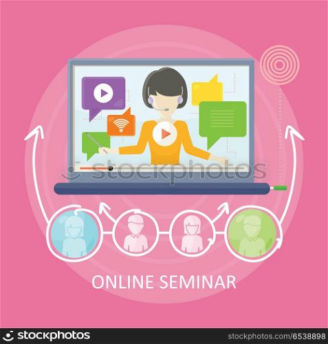Online Seminar Concept Vector in Flat Design.. Online seminar concept vector in flat design. Woman with headset holding internet training. Mobile solutions for education. Illustration for educational companies, career courses ad.