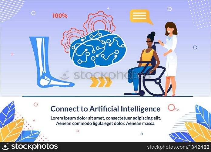 Online Seminar Connect To Artificial Intelligence. Selection Equipment and Suitable Assistance for Disabled. Female Doctor Stands with Girl Disabled Person and Talking about Leg.