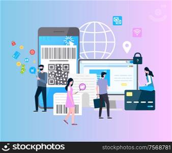 Online service connected with banking and money payment vector. Users with scanners, laptops and smartphones, global network location people shopping. Online Service Banking and Money Transactions