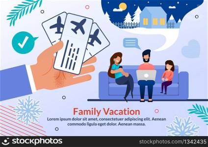 Online Service for Booking Airlines Ticket, Rent House in Mountains on Winter Holidays. Cartoon Family with Child Characters Going to Resort Search Best Offer on Laptop and Phone. Vector Illustration. Online Service for Booking Tickets and Rent House
