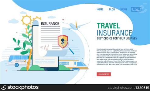 Online Service for Journey Insurance. Tour Agency Landing Page Offer Safe Movement by Bus, Airplane and Train to Destination Place. Form for Fulfilling Medical Policy on Mobile. Vector Illustration
