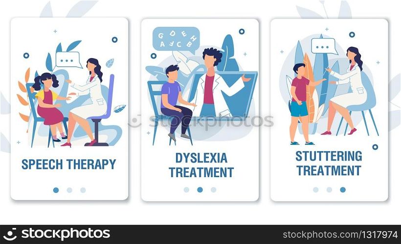 Online Service for Speech Therapy, Dyslexia and Stuttering Treatment Mobile Flat Landing Page Set. Medical Wepages for Social Media Network. Therapist Working with Kids. Vector Cartoon Illustration. Online Service for Speech Therapy Mobile Page Set