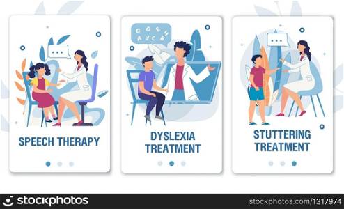 Online Service for Speech Therapy, Dyslexia and Stuttering Treatment Mobile Flat Landing Page Set. Medical Wepages for Social Media Network. Therapist Working with Kids. Vector Cartoon Illustration. Online Service for Speech Therapy Mobile Page Set