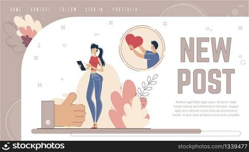 Online Service for Streamers, Startup for Content Creators, Popular Blogger Personal Blog Web Banner, Landing Page Template. People Posting, Liking Content in Internet Trendy Flat Vector Illustration