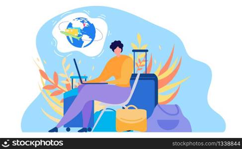 Online Service for Tourists Flat Vector. Traveling with Baggage Woman Using Laptop, Searching Flights Timetable in Internet, Buying Airline Tickets, Planning Journey Illustration on White Background