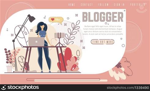 Online Service, Hosting Platform for Bloggers, Startup for Content Creators, Streamer Personal Blog Web Banner, Landing Page. Woman Streaming Live Video with Smartphone Trendy Flat Vector Illustration