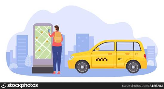 Online service taxi application with map location. Vector application taxi online, app location car transport, service mobile travel illustration. Online service taxi application with map location