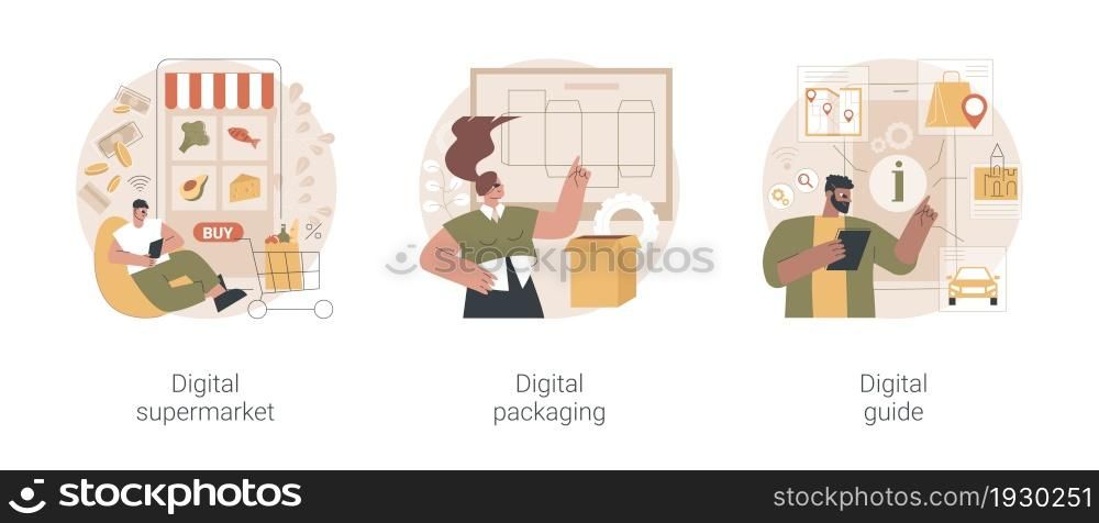 Online services abstract concept vector illustration set. Digital supermarket and packaging, digital guide, AR labels software, online payment, grocery store, mobile guide app abstract metaphor.. Online services abstract concept vector illustrations.