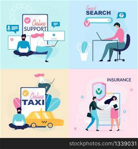 Online Services and Virtual Support Ad Posters Set. Help Assistance Guidance in Insurance, Search on Internet, Transportation Taxi Car Order. Customer and Application. Vector Flat Illustration. Online Services and Virtual Support Ad Posters Set