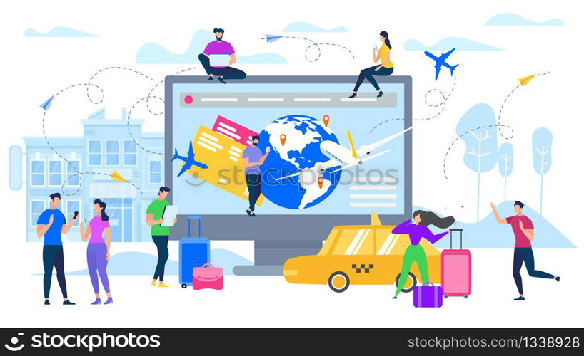 Online Services for Tourists Flat Vector Concept Isolated on White Background. Traveling People Searching Flight Schedule, Planing Travel, Booking Flight Tickets in Internet, Calling Taxi Illustration