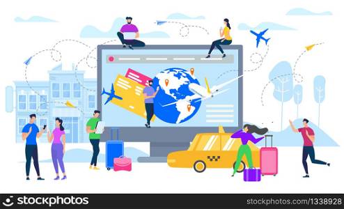 Online Services for Tourists Flat Vector Concept Isolated on White Background. Traveling People Searching Flight Schedule, Planing Travel, Booking Flight Tickets in Internet, Calling Taxi Illustration