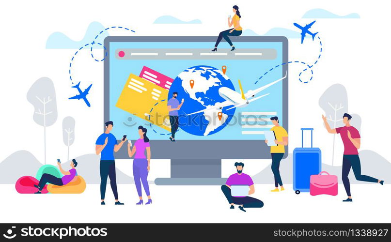 Online Services for Travelers Flat Vector Concept. People Searching Flight Schedule with Smartphone, Reserving Hotel, Booking Airline Tickets in Internet Illustration. Summer Vacation Journey Planning