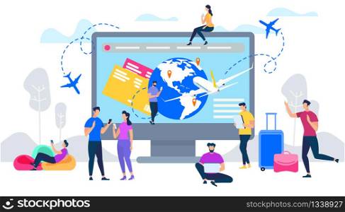 Online Services for Travelers Flat Vector Concept. People Searching Flight Schedule with Smartphone, Reserving Hotel, Booking Airline Tickets in Internet Illustration. Summer Vacation Journey Planning