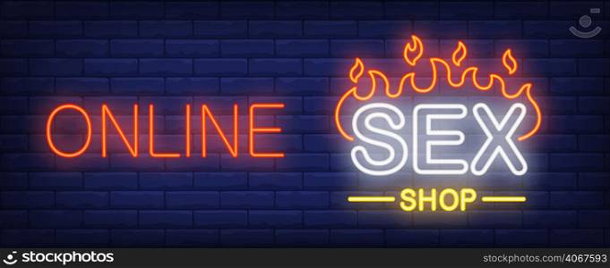 Online sex shop neon sign. Firing word o dark brick wall. Vector illustration in neon style for sex store or erotic entertainment