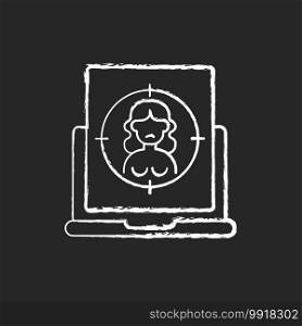 Online sexual harassment chalk white icon on black background. Victim of abuse. Social media harassment. Naked picture, image, photo of woman. Isolated vector chalkboard illustration. Online sexual harassment chalk white icon on black background