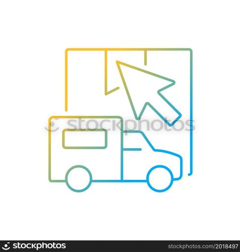 Online shipping request gradient linear vector icon. Worldwide safe orders pickup service. Modern technology. Thin line color symbol. Modern style pictogram. Vector isolated outline drawing. Online shipping request gradient linear vector icon