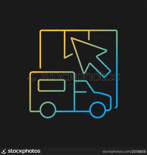 Online shipping request gradient vector icon for dark theme. Worldwide safe orders pickup service. Modern technology. Thin line color symbol. Modern style pictogram. Vector isolated outline drawing. Online shipping request gradient vector icon for dark theme