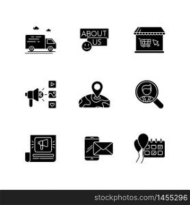 Online shop black glyph icons set on white space. Product shipping. Delivery service. Internet shop. Global location. Company advertisement. Silhouette symbols. Vector isolated illustration. Online shop black glyph icons set on white space