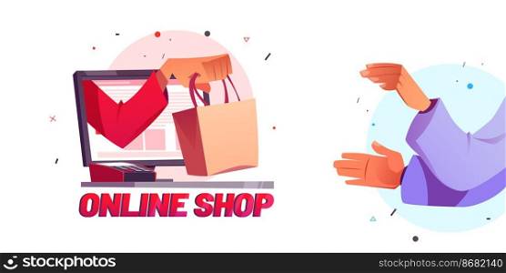Online shop cartoon poster with hand giving shopping bag to customer from computer desktop and pos terminal nearby. Internet store purchasing, web sale market and delivery service, Vector illustration. Online shop cartoon poster hand give shopping bag