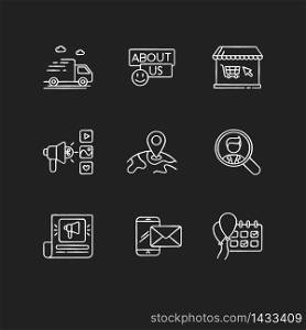 Online shop chalk white icons set on black background. Product shipping. Delivery service. Internet shop. Global location. Company advertisement. Isolated vector chalkboard illustrations. Online shop chalk white icons set on black background