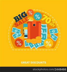 Online shop colorful round composition with caption money discount coins symbols on orange background flat vector illustration. Big Sale Shopping Composition