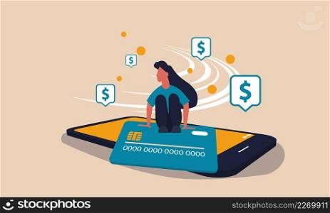 Online shop commerce and social internet mobile marketing. Woman with smartphone purchase clothes vector illustration concept. Beauty girl and shopping device. Web basket and order on phone store