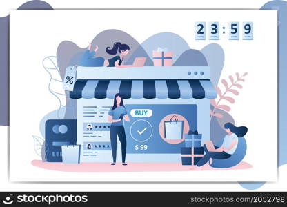 Online shop, e-commerce concept background,big sale 24 hours,time counter,storefront with shopping bags and gifts,Women buyers with smart gadgets,trendy style vector illustration