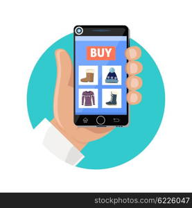 Online shop icon flat. Sale and buy. Buying in the internet shop. Selecting a product with the smartphone, the payment of money for the purchase. Showcase trendy clothing store. Vector illustration