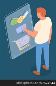 Online shop, isometric 3d illustration. Man customer shopper choosing product in online shop, put it in cart at website. Money, coins, credit card symbols. Spending money at goods in e-store. Man customer shopper choosing product in online shop, put it in cart at website, isometric 3d