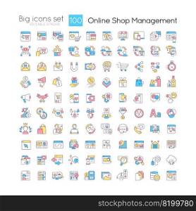 Online shop management RGB color icons set. Ecommerce. Digital marketing. Isolated vector illustrations. Simple filled line drawings collection. Editable stroke. Quicksand-Light font used. Online shop management RGB color icons set