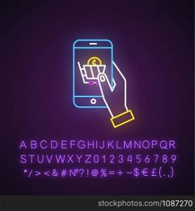 Online shop neon light icon. Hand holding smartphone. Buying products in internet store. Online shopping, e commerce. Glowing sign with alphabet, numbers and symbols. Vector isolated illustration