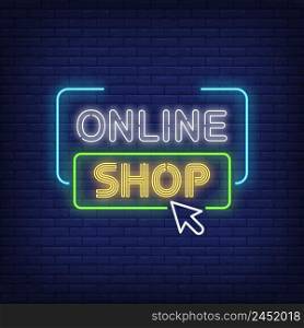 Online shop neon sign. Internet store buttons on brick wall background. Vector illustration in neon style for banners, posters, ads