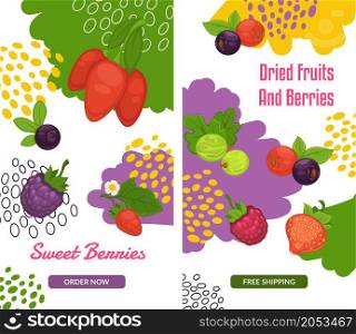 Online shop or store offering fresh fruits and berries, dieting and nutrition. Vegetarian and vegan supermarket with meal. Promo banner, advertisement or food presentation. Vector in flat style. Order fresh fruits and berries, online shop store