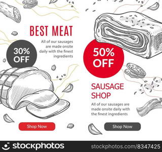 Online shop or store with meat products and best sausages. Sale and discounts for clients, 30 and 50 percent off price. Website or landing page template, monochrome sketch vector in flat style. Best meat and sausages, shop with sales on ham