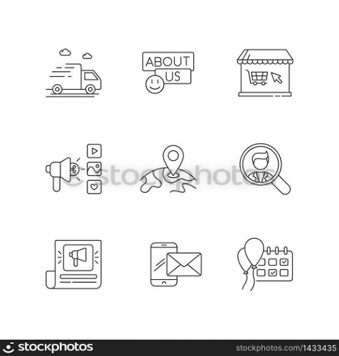 Online shop pixel perfect linear icons set. Product shipping. Internet shop. Global location. Customizable thin line contour symbols. Isolated vector outline illustrations. Editable stroke. Online shop pixel perfect linear icons set