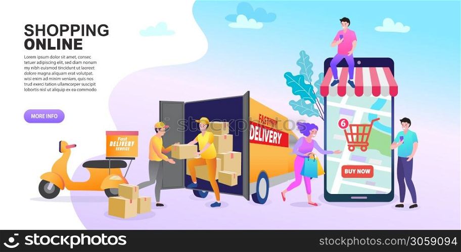 Online shop shipping service. People tracking their order in mobile delivery service. Vector illustration for web sites.