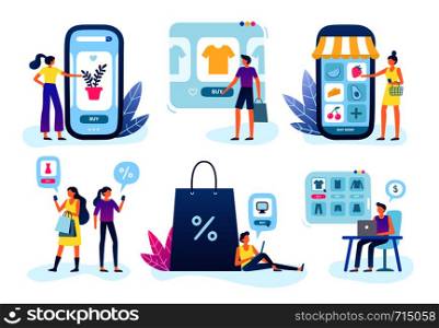Online shop. Web store business, customer goods delivery service and internet buying and selling. Website online shopping smartphone app. Vector flat illustration isolated icons set. Online shop. Web store business, customer goods delivery service and internet buying and selling vector illustration