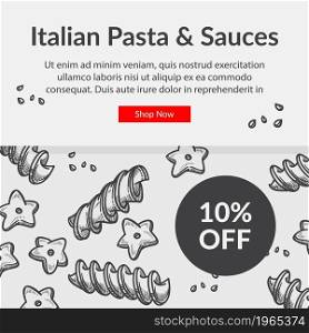Online shop with assortment of pasta and sauces. Italian food and cuisine with traditional ingredients, 10 percent of price. Reduction and sale. Website or webpage template, landing page, vector flat. Italian pasta and sauces, online shop with food
